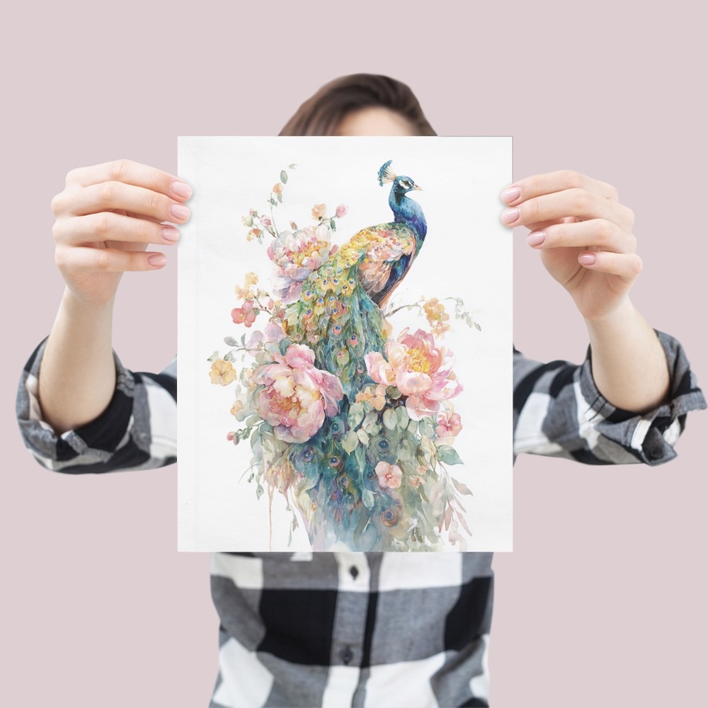 Watercolor Floral Peacock Wall Art Illustration Print Poster Card Unframed - Picture 3 of 9